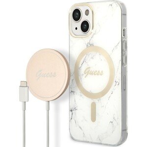 Guess Marble MagSafe kryt + Bezdrátová nabíječka pro iPhone 14 bílá