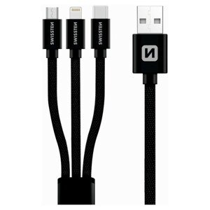 SWISSTEN Textile USB 3v1, Lightning MFi/microUSB/USB-C 1,2m černý
