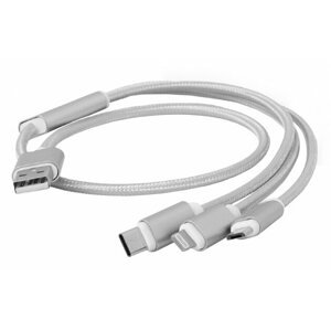 Gembird CABLEXPERT kabel USB A Male/Micro B + Type-C + Lightning, 1m, opletený, stříbrná - CC-USB2-AM31-1M-S
