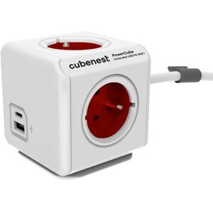 Cubenest PowerCube Extended prodlužovací přívod 1,5m, 4 zásuvky + USB A+C PD 20 W, červená - 6974699971009