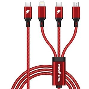 RhinoTech nabíjecí a datový kabel 3v1 USB-C - MicroUSB/Lightning/USB-C, 40W, 1.2m, červená - RTACC478