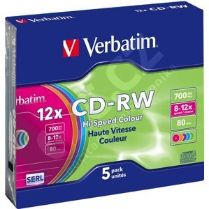 Verbatim CDRW 12x 80min/700MB, 5ks, Slim, Colours (43167) - 43167
