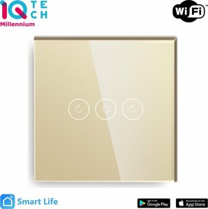 iQtech SmartLife chytrý vypínač 3x NoN, WiFI, Zlatá - IQTJ029