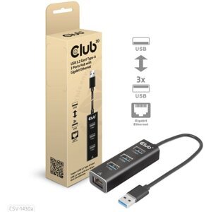 Club3D rozbočovač, USB-A 3.2 Gen1 - 3x USB 3.1, Gigabit Ethernet - CSV-1430a
